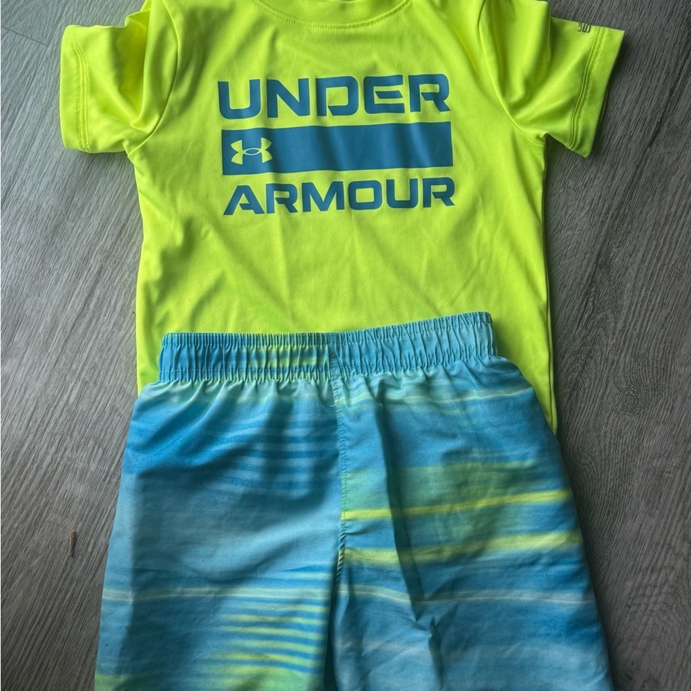 Under Armour Neon Yellow Shirt and Blue Shorts Set